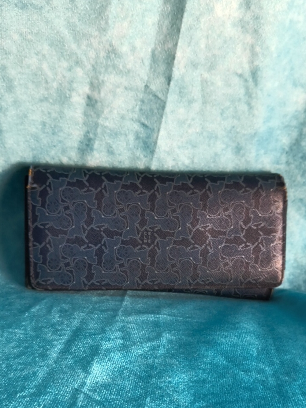 CELINE Dark Blue Leather Horse Logo Monogram Long Front Flap Wallet Vintage